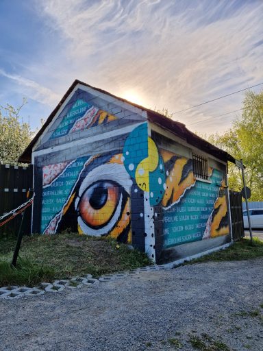 Gebäude-Fassadengestaltung – Tigerauge & Ortsname Klinkergebäude mit kreativer Fassadenbemalung eines realistischen Tigerauges und integriertem Schriftzügen Schildow-Waldeck.