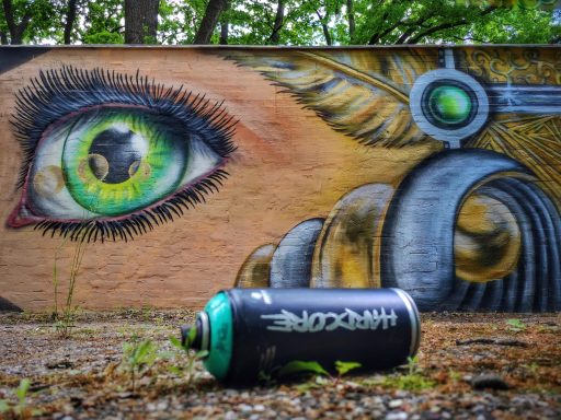Green Eye Serie Eine schwarze Sprühdose liegt auf dem Boden vor einer bunt bemalten Wand mit einem großen Auge.