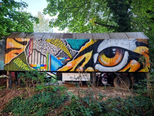 Bauwagengestaltung - Pop-Art & wilder Tiger Bunt bemaltes Bauwagen-Graffiti im Grünen mit ausdrucksstarkem Tigerauge und geometrischen Abstraktionen.