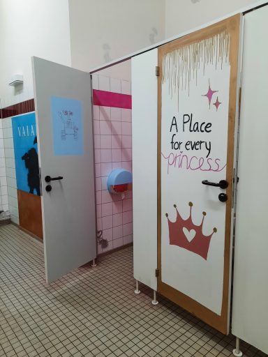 A Place for every Princess Eine Tür mit einem kleinen rosa gefliesten Bereich und dem Schriftzug "A plae for every princess" mit einer Krone darunter.